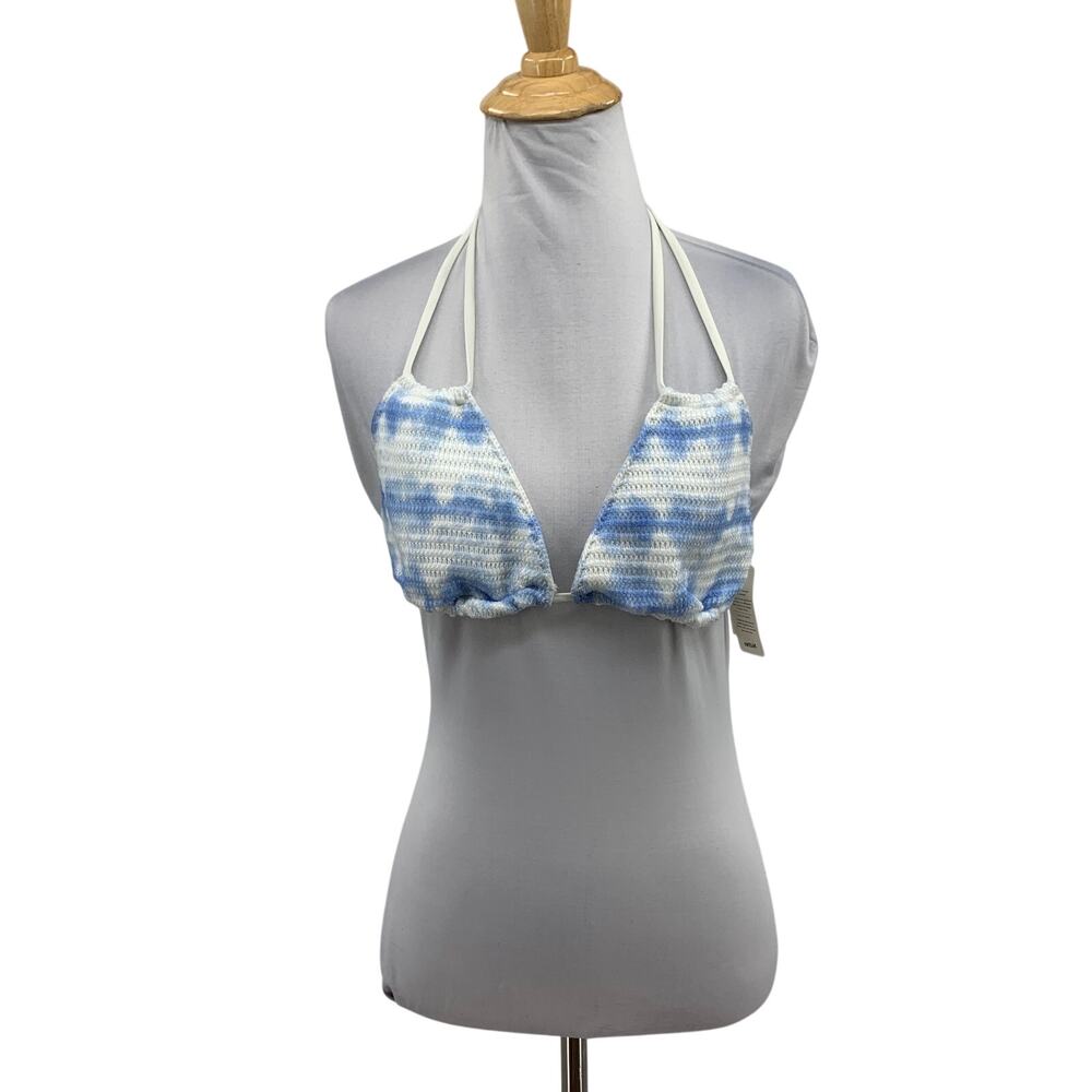 Aerie Bikini Top Womens M Medium Blue White Crochet Knit Triangle Horizon Sky